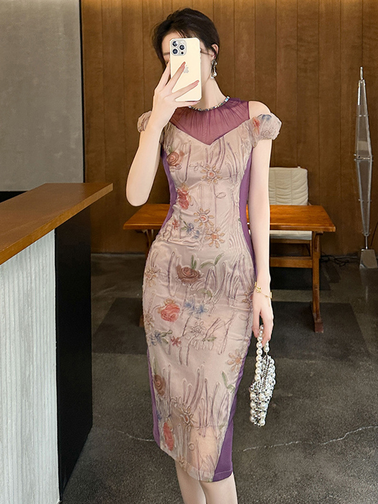 Fransk sexig klänning för kvinnor mjuk retro lila genomskinlig skir mesh diamant off shoulder bodycon slits morgonrock festklänningar