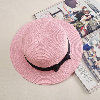 estilo sombrero Simple verano playa sombrero plano Casual corbata de lazo con borde de paja de sol sombrero capeu sombrero de paja de Sol de protección jazz: pink 1