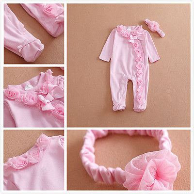 Nyfødte baby piger langærmet romper tredimensionel blomst bodysuit jumpsuit tøj tøj sæt fastgjort pandebånd