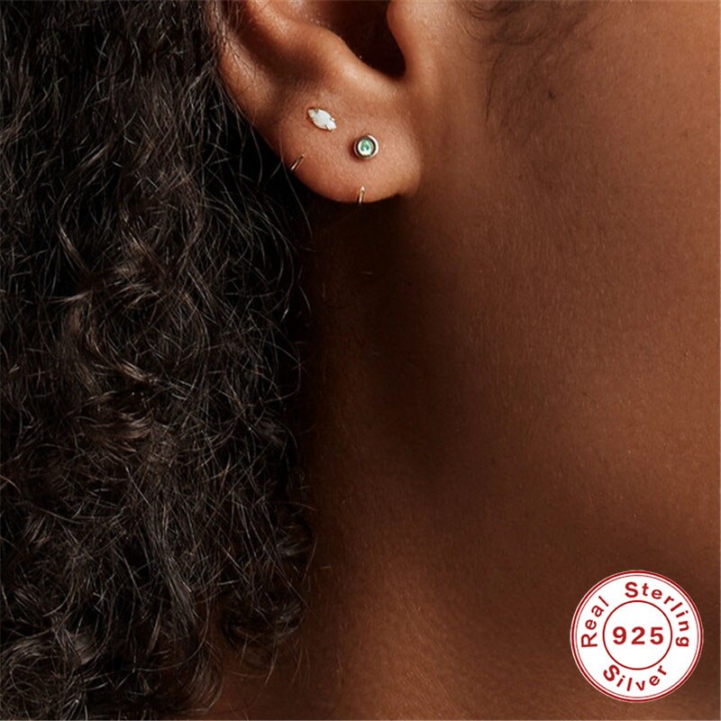 ROXI 925 Sterling Silver Stud Earrings For Women Minimalist C Shaped Green Crystal Earrings Cartilage Helix Piercing Earrings