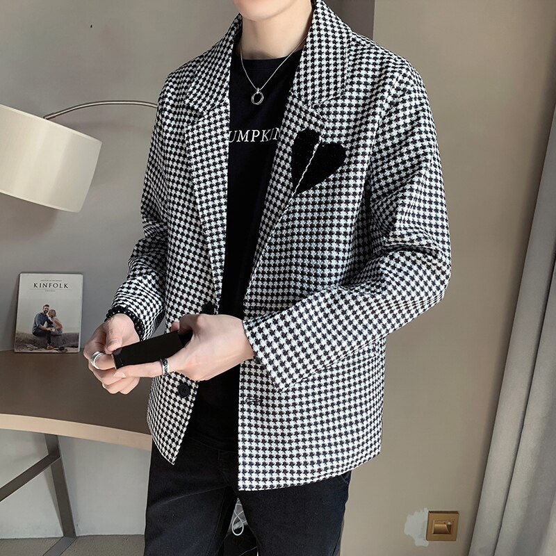 Chaqueta de traje de pata de gallo para hombre, ropa de calle informal holgada, Blazer de Social, abrigo de vestir de negocios que combina con todo, masculina, 2022