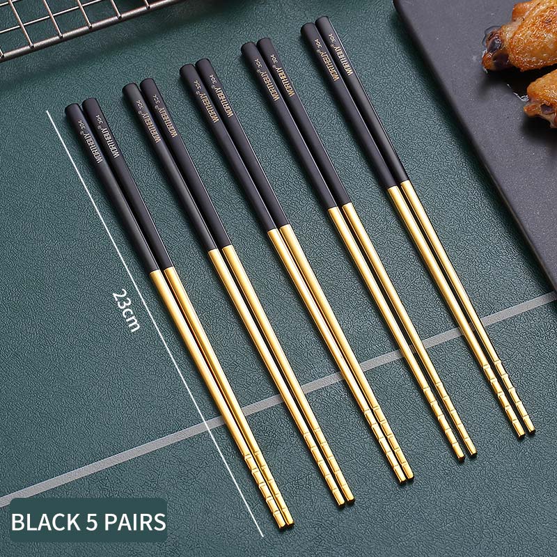 Worthbuy 5 par guldhalkiga ätpinnar 18/8 ätpinnar i rostfritt stål för sushi hashi matpinnar återanvändbara ätpinnar: Svart