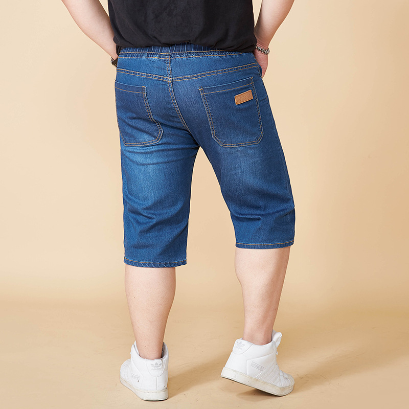 Herren Plus Größe Sommer Elastische Taille strecken Jeans Knie Länge Kordelzug Schlauch ausgebeult Kurze Hosen Roupa Masculina