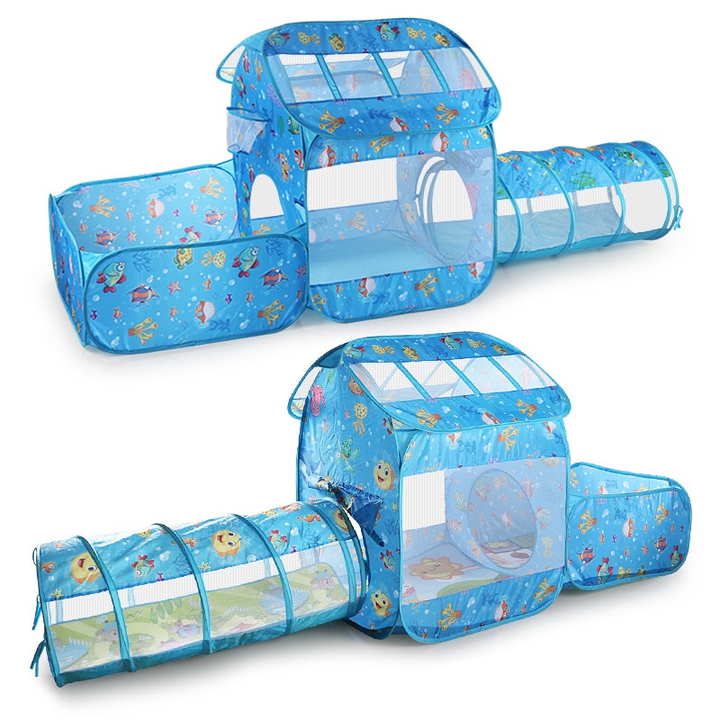 Ocean Printing Two-In-One Game House Tunnel Tent Children&#39;s Indoor Crawling Folding Cast Basketball Pool Toy For Baby