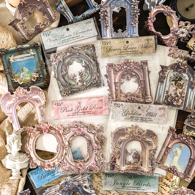 10 Sheets/Bag Embossed Hollow Window Frame Stickers DIY Scrapbooking Journal Planner Notebook Phone Case Office Stationery
