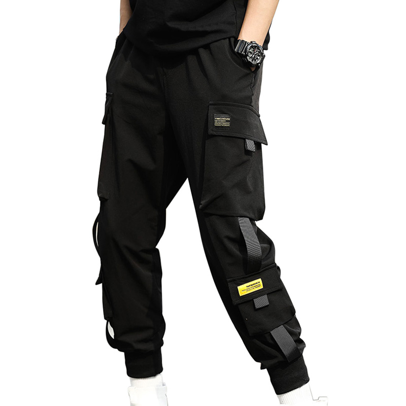 Casual Slim Jogger Broek Streetwear Hip Hop Zwarte Harembroek Unisex Elastische Taille Punk Broek Met Linten Mannen Hip Hop broek