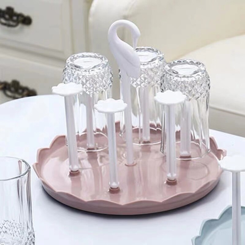 Schwan bilden Glas Flasche Tasse Halfter Küche Trocknung Lagerung Regal Tasse Erzähler Abfluss Gestell Aufhänger Organizer Stehen: 6 Haken Rosa