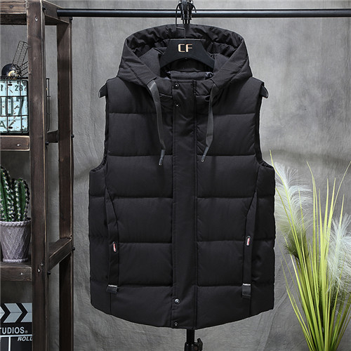 Mode mannen Hooded Vesten Winter Warm Mouwloze Jassen Mannen Jassen Solid Casual Vest Mannelijke Vesten: Zwart / L