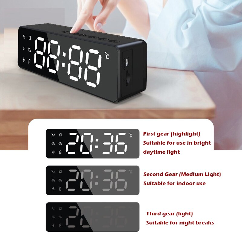 Bluetooth LED Alarm Clock With FM Radio Wireless Bluetooth Speaker Mirror Display Support Subwoofer Music Desktop Table Clock