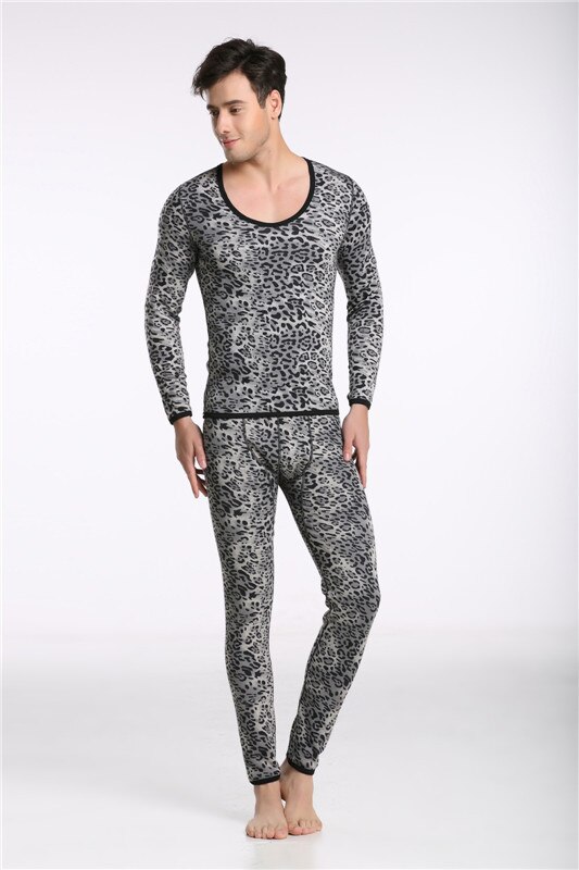 Mænd bomuld termisk sæt undertøj vild leopard print jakkesæt holde opvarmning lange johns bukser lang skjorte vinter nattøj m-xl: Sort / L