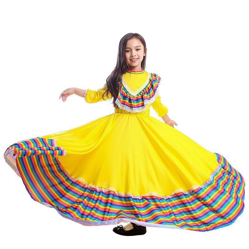 traje con mexicano niña largo amarillo Flamenco vestido falda de salón para niñas niños vestidos de baile disfraces para niños ropa