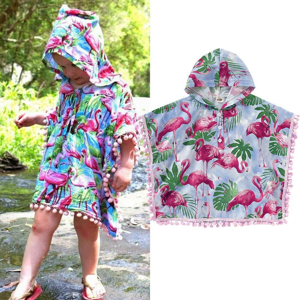 Baby Girls Summer Flamingo Hooded Coat Blouse Toddler Kids Cute Tassle Cartoon Tops Dress Causal Clothes