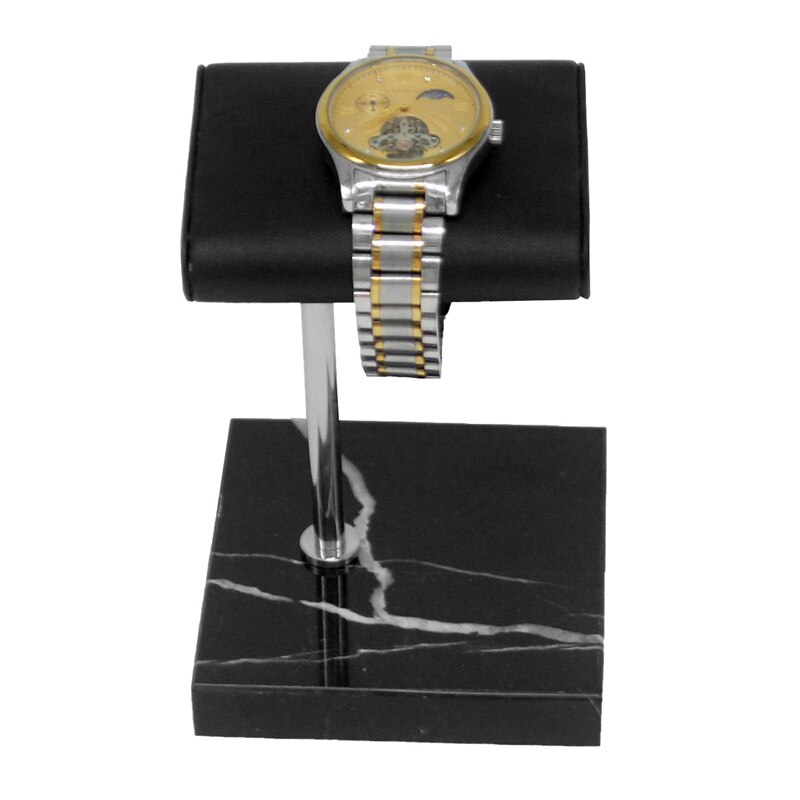 Watch Stand Holder - Black Marble Base & Silver Metal Rod - Jewelry Display for Watches & Bracelets