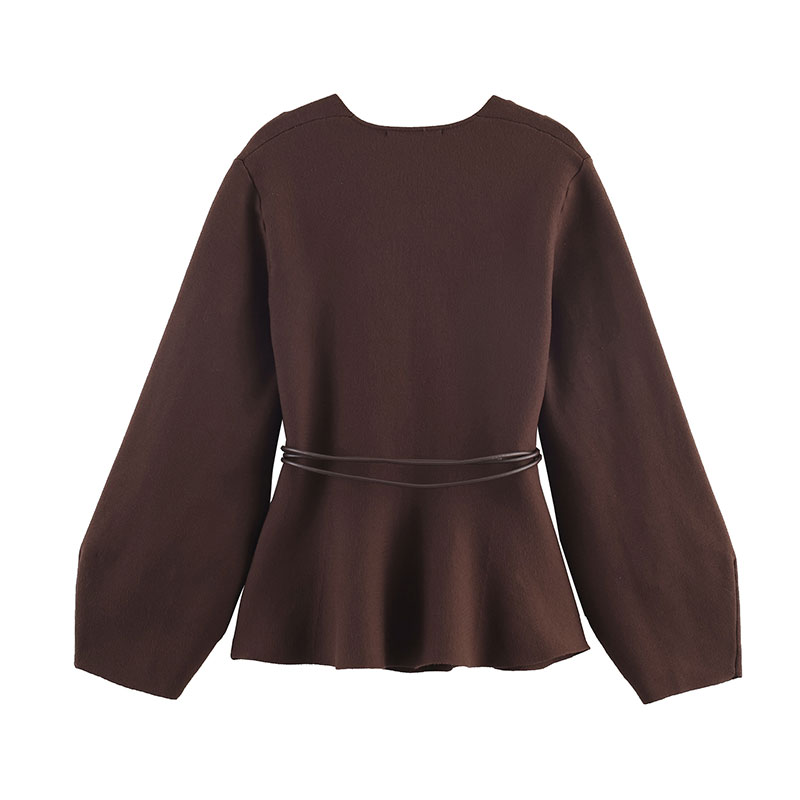 Chique herfstjas Casual 2025, gebreide dames, bruine vintage jassen, jas, V-hals, riem, jas, chique, elegante vrouwelijke uitloper