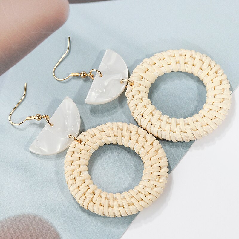 AENSOA-pendientes colgantes de punto de ratán para mujer, aretes redondos de bambú, de joyería Vintage de verano