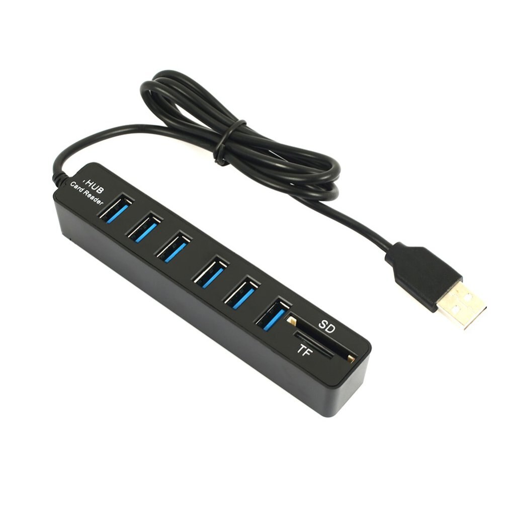 Mini usb hub 2.0 multi usb 2.0 hub usb splitter 3 port hub med tf sd kortlæser 6 port 2.0 hab adapter til pc tilbehør: Sort 6 porte