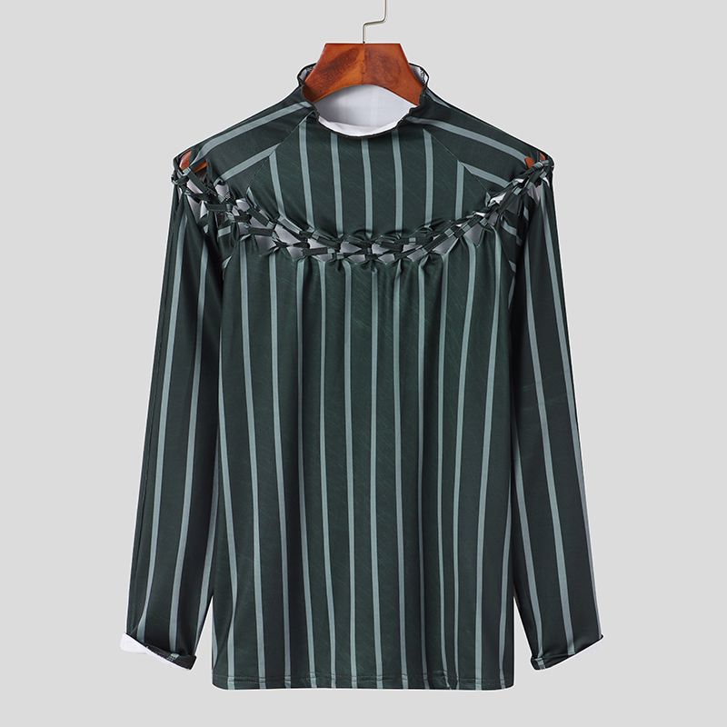 INCERUN Men T Shirts Striped Turtleneck 2022 Long Sleeve Hollow Out Personality Tee Tops Streetwear Casual Camisetas 7: XL