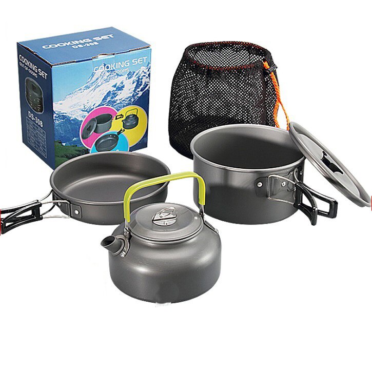 Kit d'ustensiles de cuisine pour le camping en extérieur, en aluminium, bouilloire à eau, casserole de voyage, randonnée pique-nique, barbecue BBQ, équipement de cuisson: 3 pcs set Green