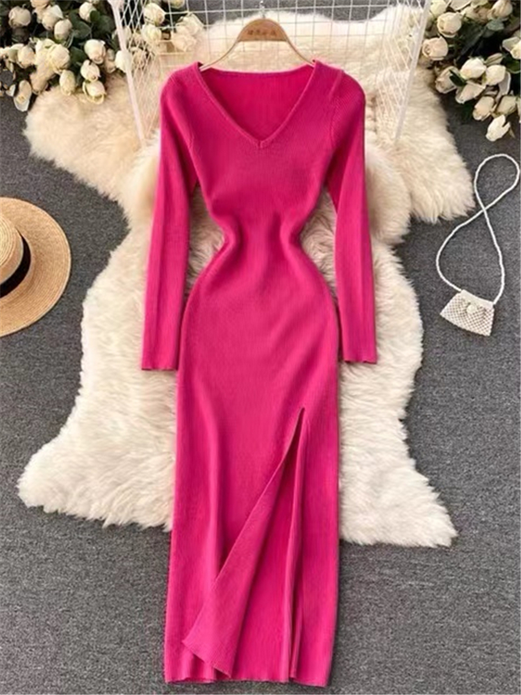 REALEFT Otoño Invierno francés Sexy hendidura suéter de las mujeres vestido femenino con cuello en V ajustado vestidos envolventes 2023: S / Rojo rosado