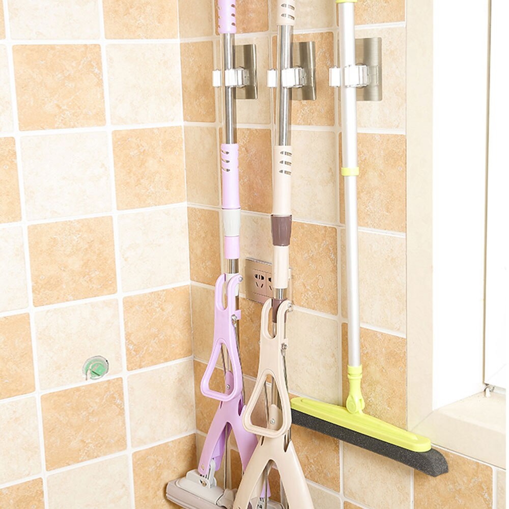 Neutral Wall Mount Handle Stand Silver Holder Storage Mop Hook Powerful Suction Seamless Hooks Mutifunctional Kitchen