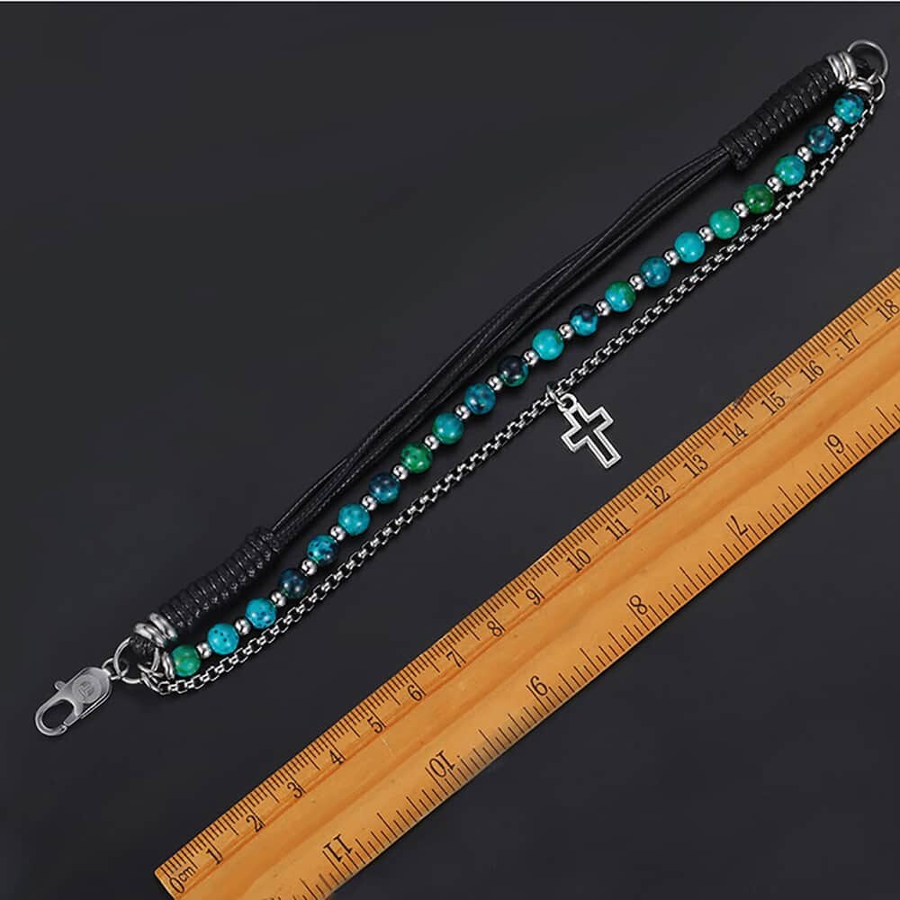 Trendsmax läderarmband för män pärlkedja rostfritt stål grönt kors charm box länk kedja herr smycken kdlb 72