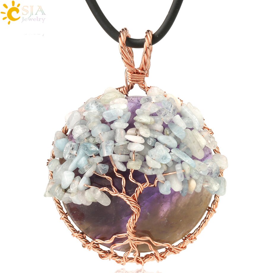 CSJA Natural Cabochon Stone Tree of Life Pendant Rose Gold Color Wire Wrap Chip Bead Wisdom Tree Healing Women Men Necklace G193: Amethyst Chain