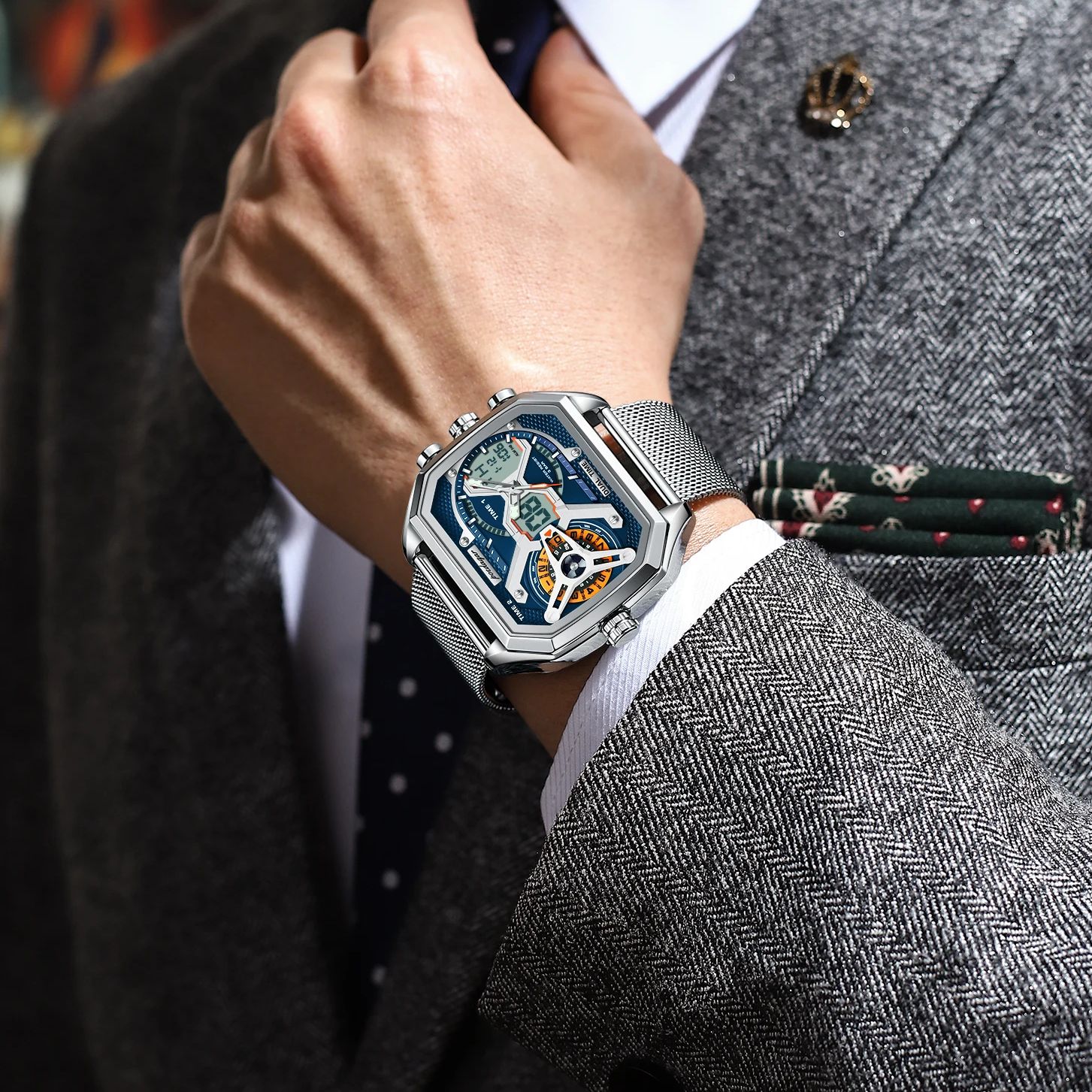 POEDAGAR, reloj de para hombre, reloj rectangular resistente al agua con fecha y semana LED para hombre, relojes electrónicos de cuarzo de acero inoxidable con malla para hombre