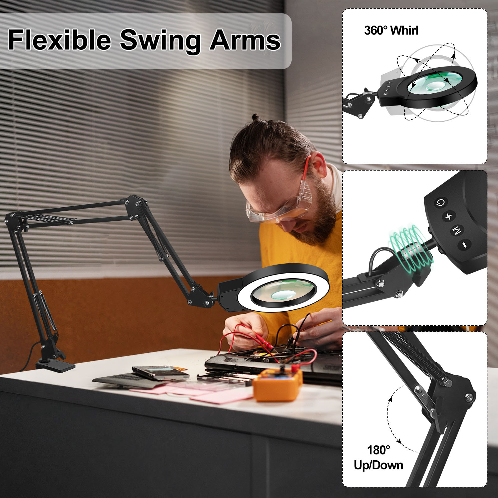 Lámpara de lupa de brazos oscilantes largos 5X/10X con luces LED de ajuste de 5 colores lámpara de mesa de lectura para reparación de soldadura trabajo cercano