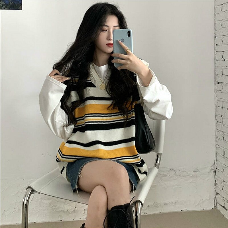 Kamizelka damska swetry na drutach popularny stylowy bez rękawów prosty Model w paski niebieski wypoczynek wiosna dopasowanie luźno projekt odzieży urok