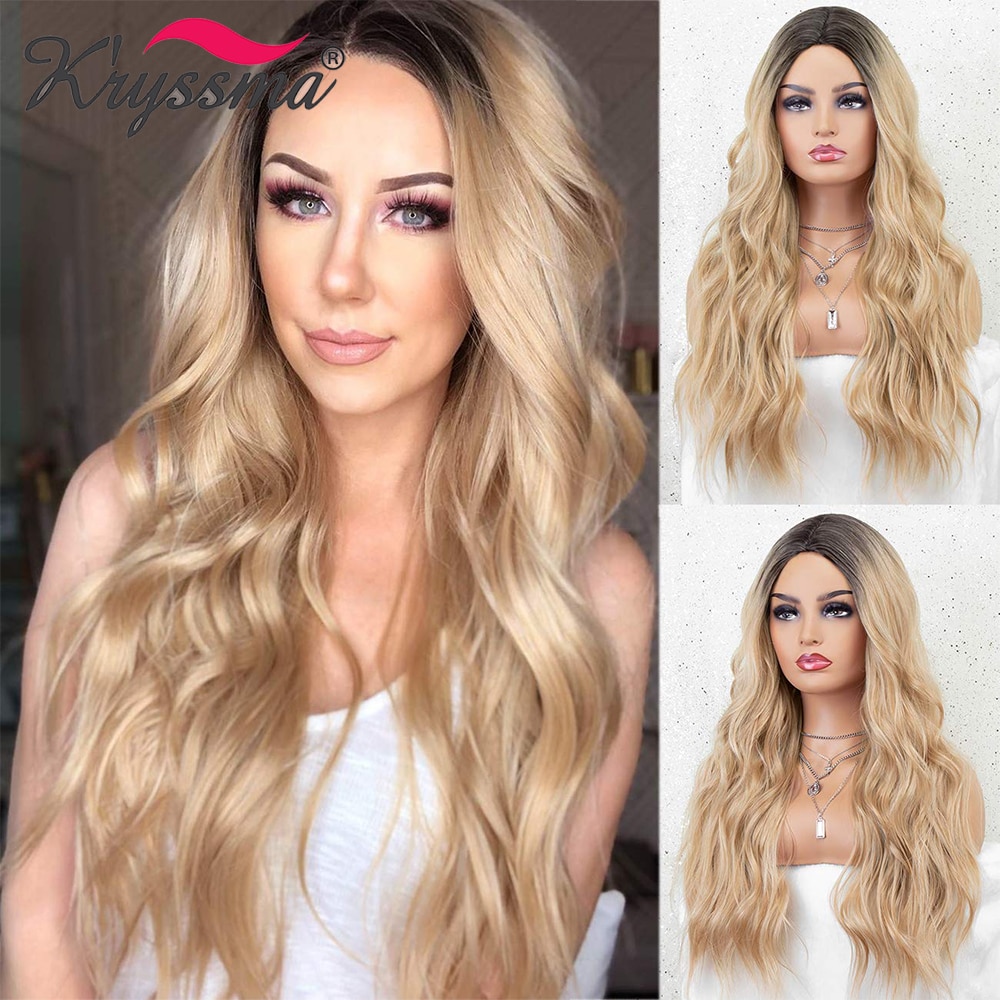 Kryssma Ombre Blonde Wigs Long Wavy Synthetic Wigs For Women Cosplay Wigs Blonde Wig Mixed Black Heat Resistant Fiber Hair