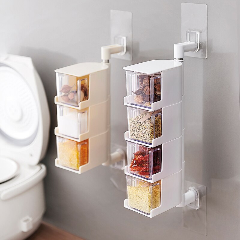 Wall Mount Rotating Cruet Condiment Seasoning Jars Punch-Free Spices Pepper Salt Shakers Holder Kitchen Storage Rack Organizer