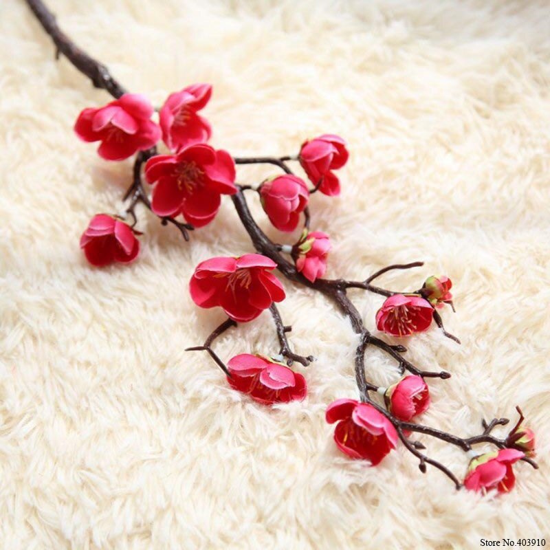 7 stk / lot blomme kirsebærblomster silke kunstige blomster plast stilk sakura træ gren hjem bordindretning bryllup dekoration krans: Hot pink