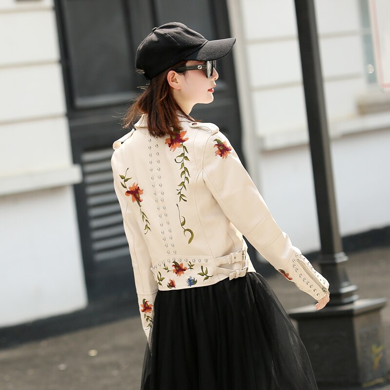 FTLZZ Embroiderry Fleur Femmes Pu Vestes En Cuir D'hiver Femmes Patché Rivet De Luxe Hip Hop Biker Veste Femme Manteaux