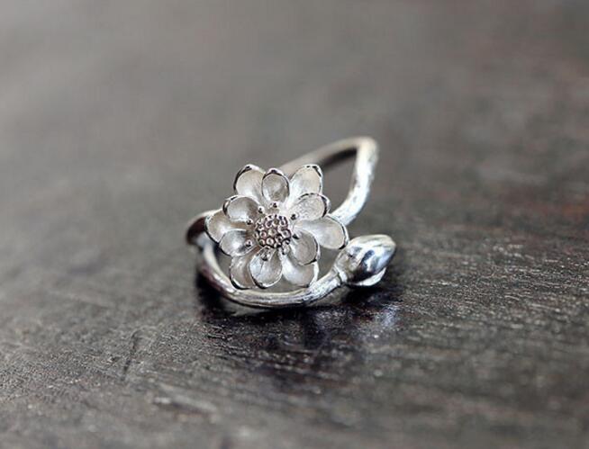Silver Color Handmade Lotus Flower Rings Finger Jewelry For Women Retro Jewelry anel S-R51
