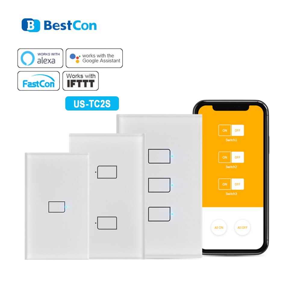 BroadLink-Interruptor de luz de pared inteligente, dispositivo con Control remoto, compatible con asistente de Google y Alexa, BestCon TC2S US 1/2/3 entradas, RM4 Pro