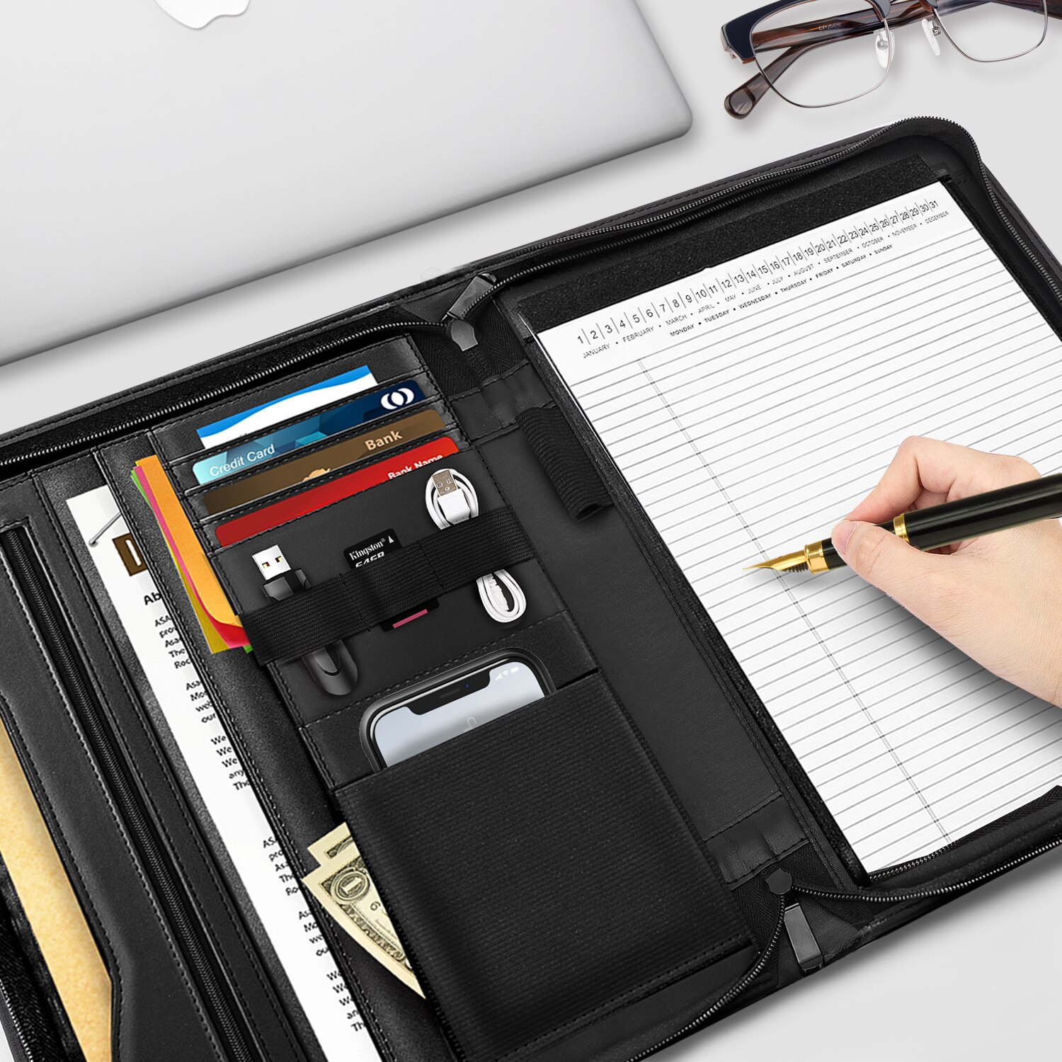 Carpeta portafolio de cuero con cremallera, organizador de documentos para entrevistas profesionales con funda para tableta de 11 pulgadas para ipad