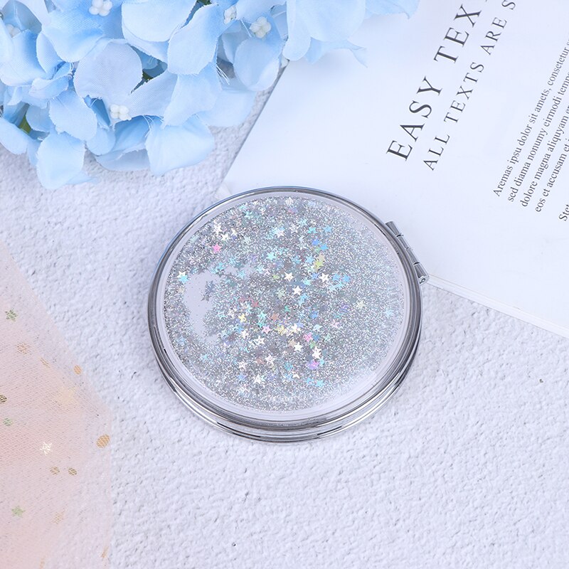Portable Double-Sided Folding Cosmetic Mirror Female With Flowing Sparkling Sand Mini Makeup Mirror Compact Pocket Mirrors: SV