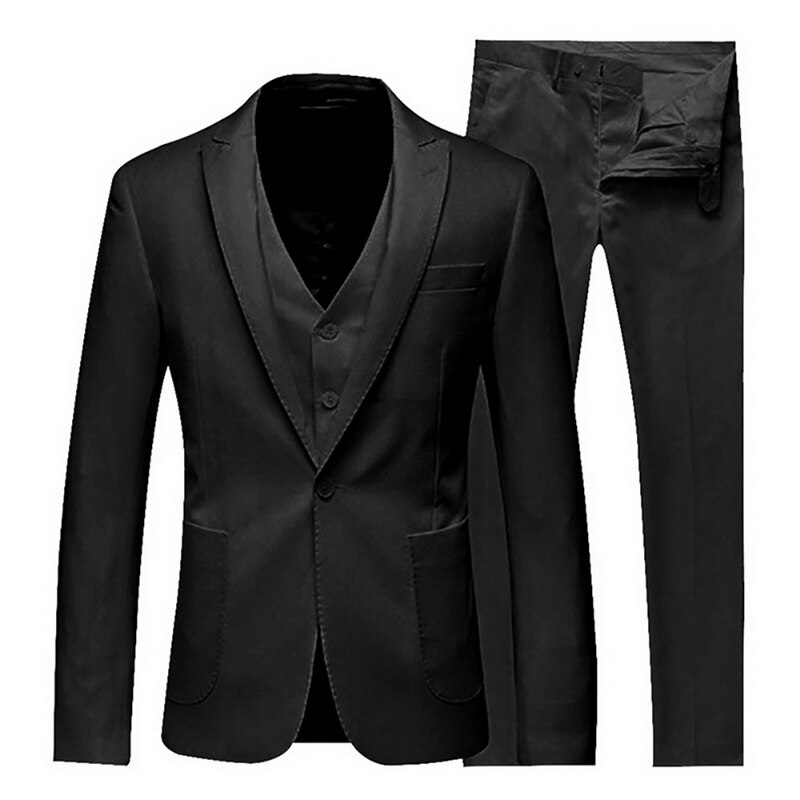 Conjuntos de chaleco y pantalones de negocios para hombres Traje + chaleco + Pantalones 3 piezas conjuntos delgados traje de padrino de bodas chaqueta Formal para fiestas: Black / XL