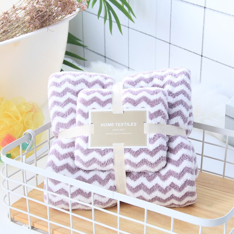 2pcs/set Bath Towel Set Coral Fleece Large Thick Bath Towel Bathroom Hand Face Shower Towels Home for Adults Kids Wave: Purple