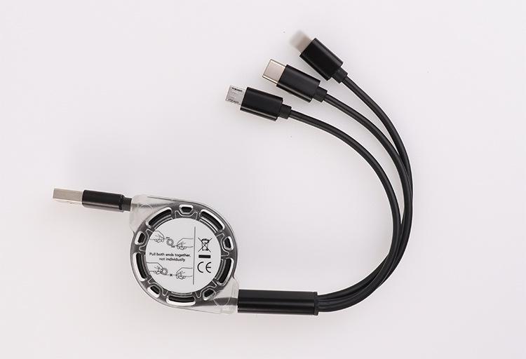 3 w 1 Multi USB chowany kabel ładowarki dla iPhone USB typ C android mikro linia: czarny