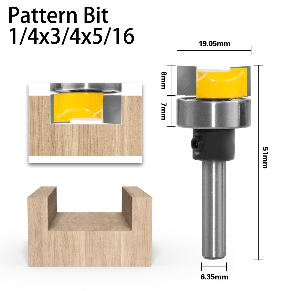 Milling Cutter Pattern Bit Flush Trim Bit Straight Bit with Bearing Hinge Mortising Router Bit Wood Trimmer Cutter LT097: 6.35mmX19.05X7.96-01