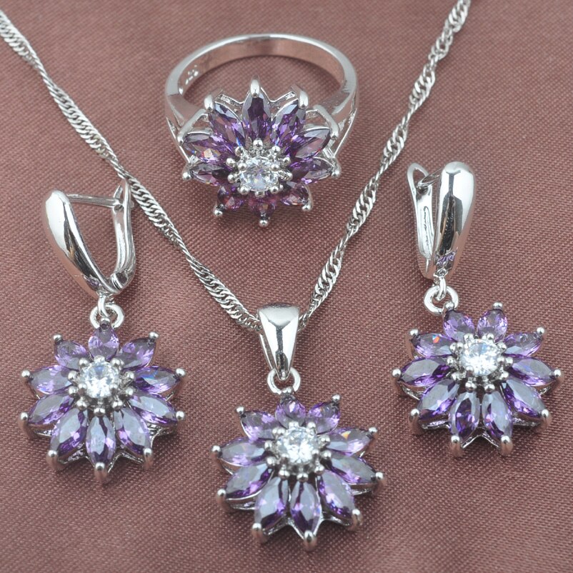 2022 Australia Purple Crystal Jewelry Set For Women Silver Color Earring Necklace Pendant Ring Bracelet Sets YZ0437