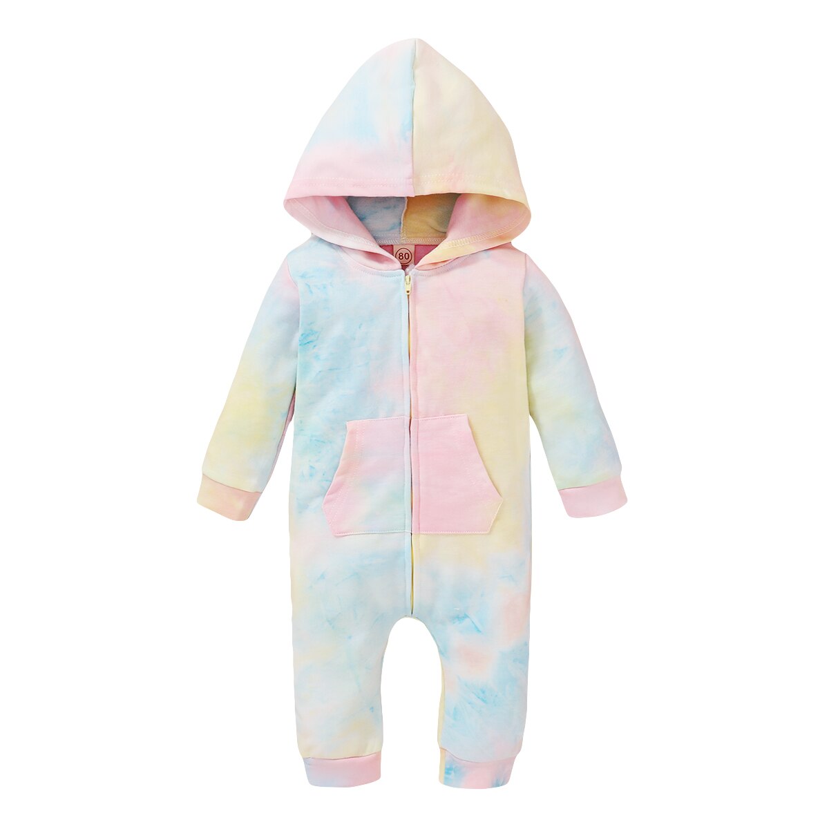 Mise au point 0-18M cravate-teinture imprimé bébé filles garçons barboteuses fermeture éclair manches longues à capuche automne combinaisons 3 couleurs: C / 6M