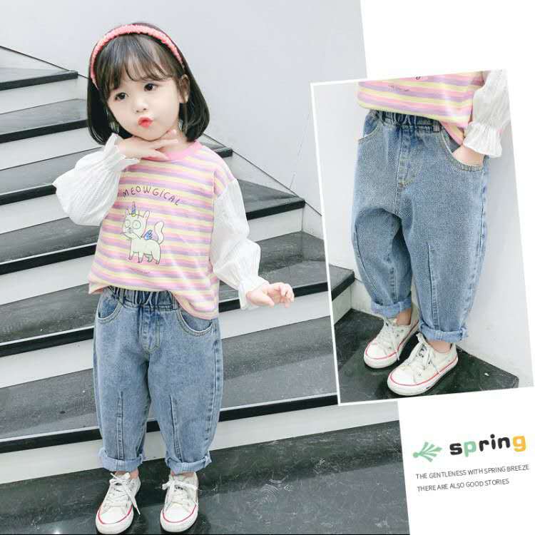 Forår og efterår piger lodret stribet ensfarvet gulerodsbukser koreanske børns jeans drenge og piger bukser