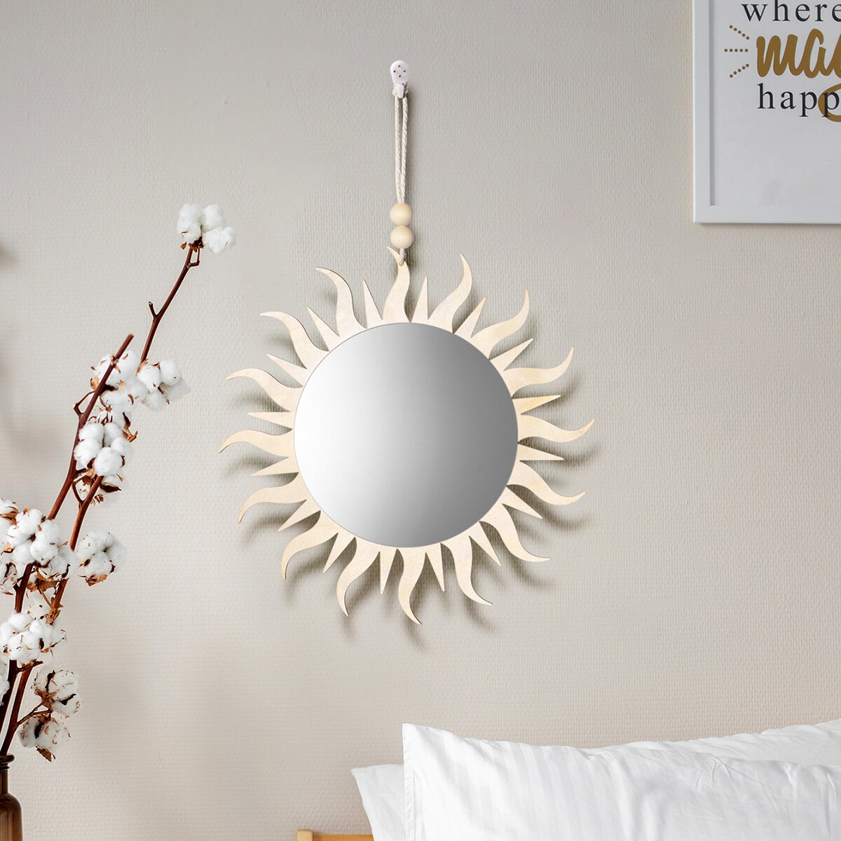 Espejo bohemio de madera para decoración de pared, Espejos decorativos para sala de estar, dormitorio y baño