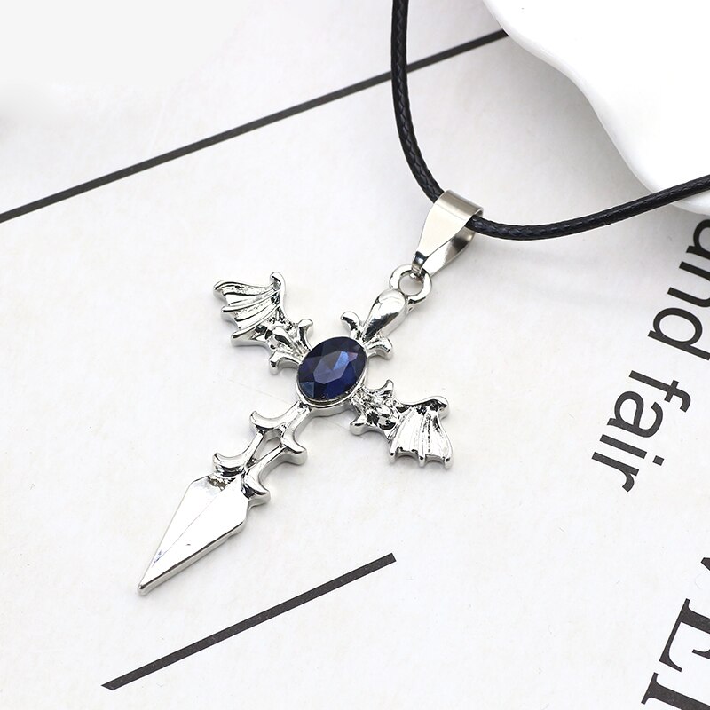 Men Jewelry Cross Pendant Blue Crystal Angel Devil Wings Necklaces & Pendants Metal Leather Chain Necklace Colar