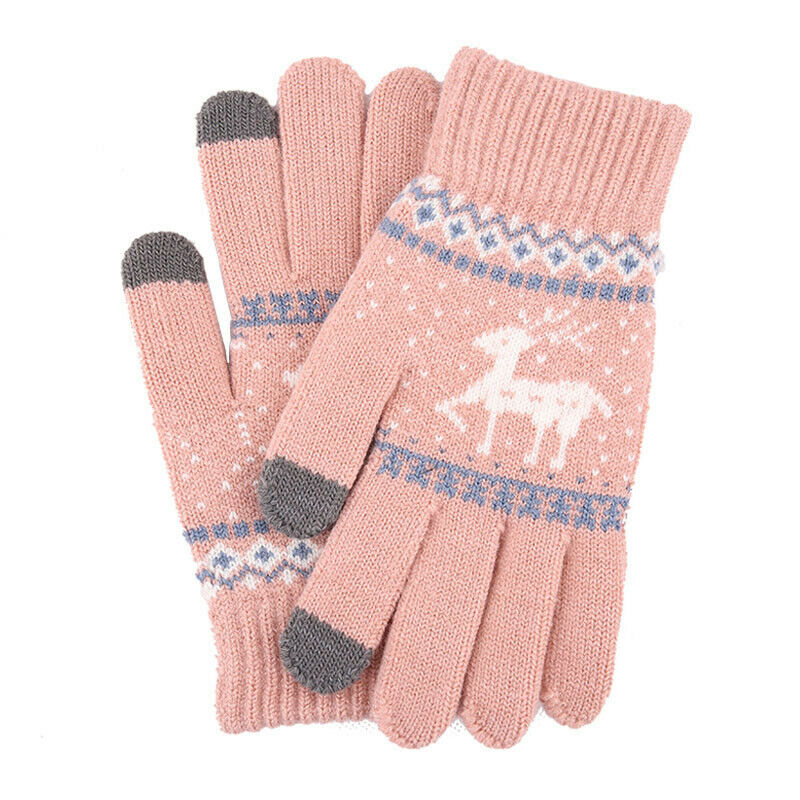 Christmas Elk Printed Knitted Gloves Thicken Warm Winter Touchscreen Glove Women Girls Full Finger Gloves Outdoor Shopping: Pink