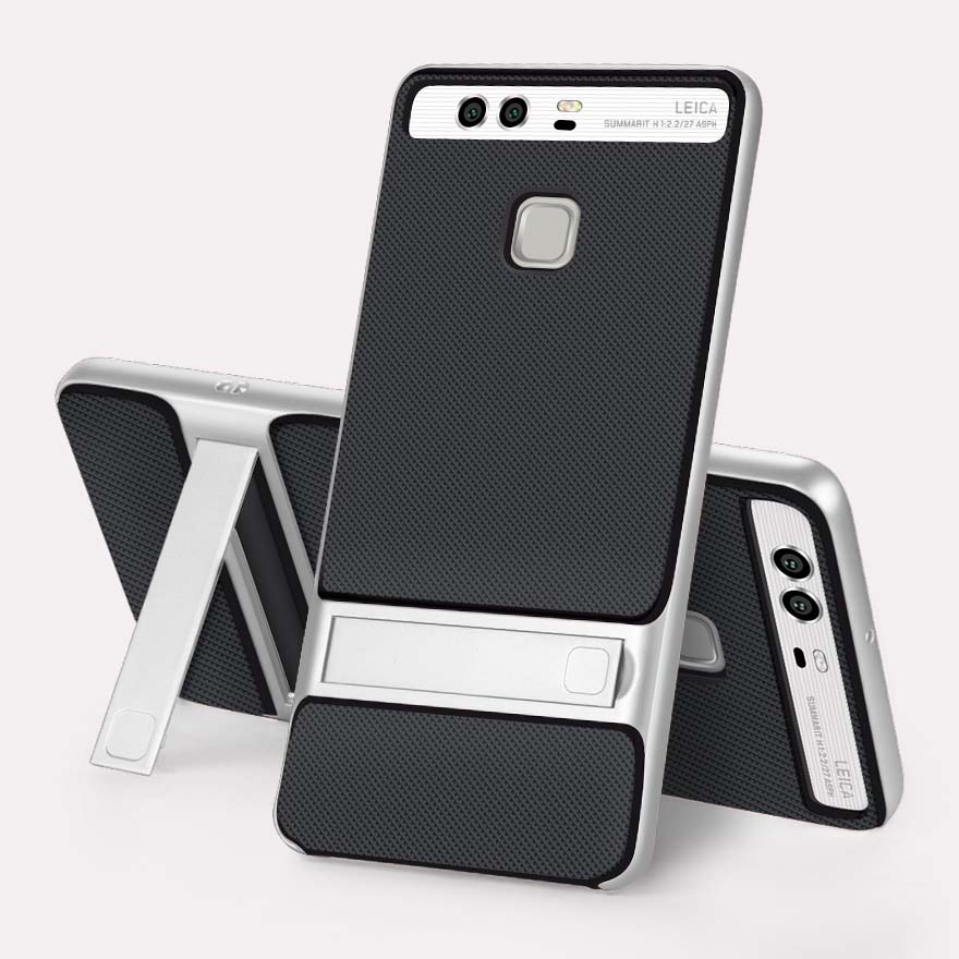 Merke 3d kickstand hybrid deksel for huawei  p9 silikondeksel tpu+pc royce 360 fullt beskyttende bakdeksel huaweip 9 coque rustning: Royce sølv