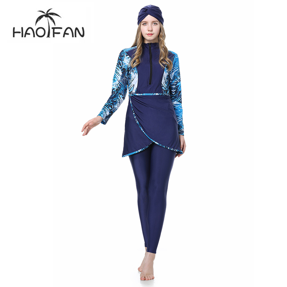 HAOFAN – maillot de bain islamique pour femmes, couverture complète, modeste, avec fermeture éclair et soutien-gorge, vêtements de plage