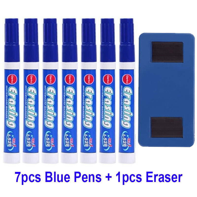 Stylo marqueur effaçable pour tableau blanc, grande capacité, bleu, vert, rouge, bleu, blanc, fournitures de bureau: 7 Blue Pen 1Eraser